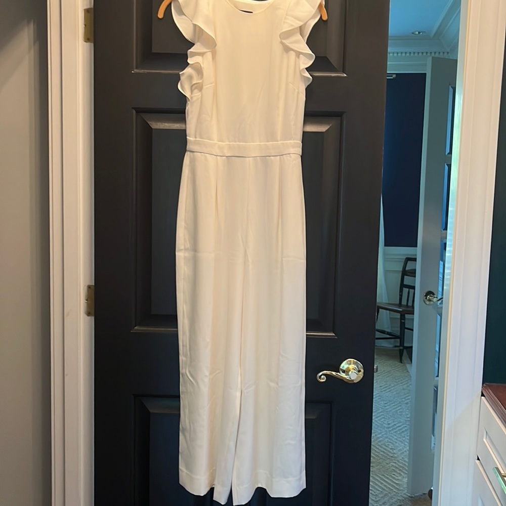 EUC J.Crew rayon cream ruffle jumpsuit size 0